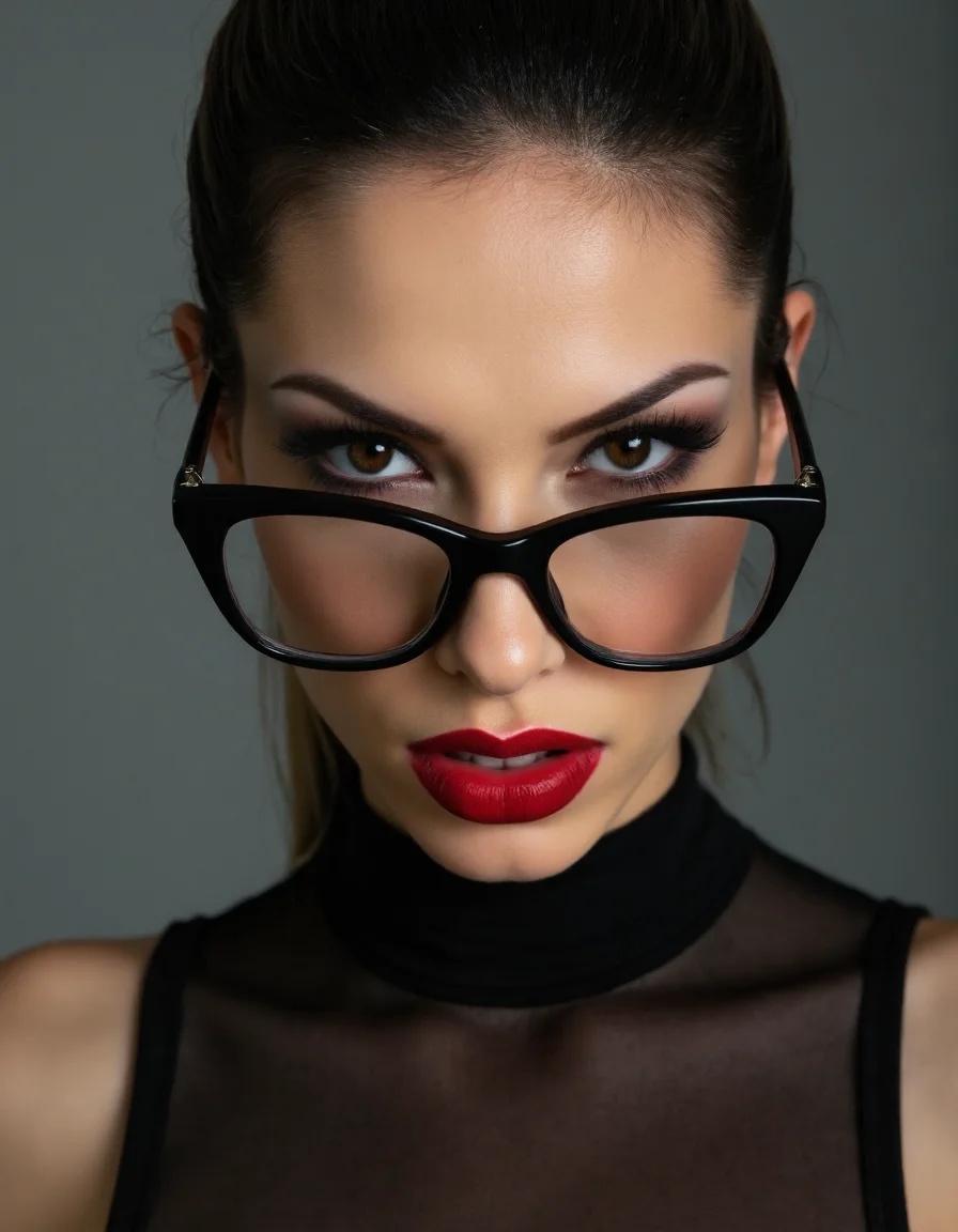 A striking portrait of a fierce woman with piercing eyes and bold, direct eye contact. She wears natural-looking brick-red lipstick and large, avant-garde glasses. The composition embodies a high-fashion editorial aesthetic, blending ethereal beauty with dramatic shadows and luxurious fashion details. The zoomed-out perspective places the subject in 30% of the frame, leaving ample negative space around her head for a modern, minimalist feel. The subtle 3D effect enhances the visual depth, creating a captivating and dynamic image.