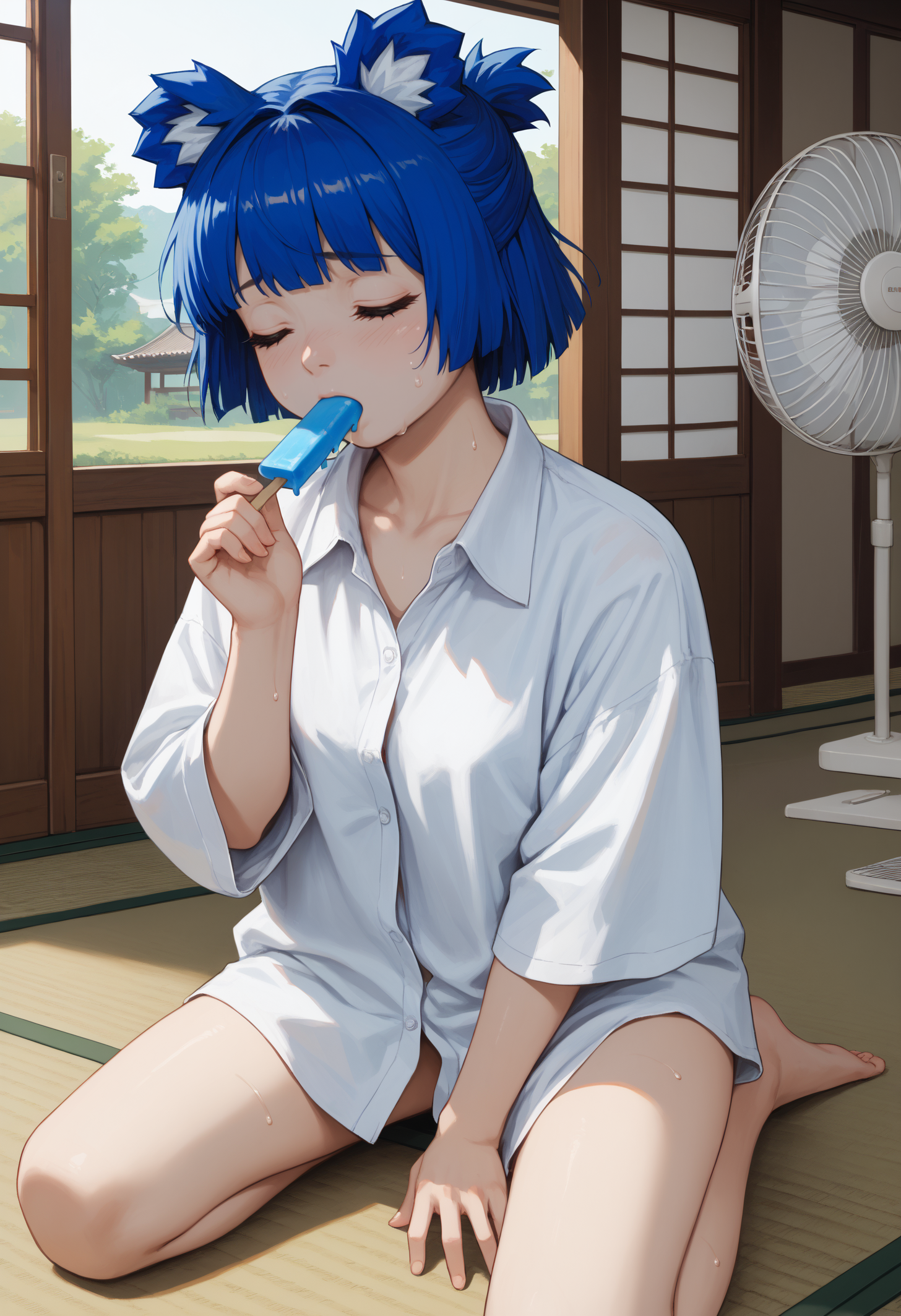 score_9, score_8_up, score_7_up, 1girl, GrisVert, animal ears, bear tail, closed eyes, blue hair, short hair, breasts, 
white shirt, shirt only, buttoned shirt, collarbone, oversized clothes, oversized shirt, sweating, sweat,
tired, sitting, wariza, legs apart, kneeling, eating, popsicle, electric fan, wind,
indoors, eastern architecture, tatami, 
<lora:Gris-VertigrisPDXL_V1-Manityro-CAME:1.0>,