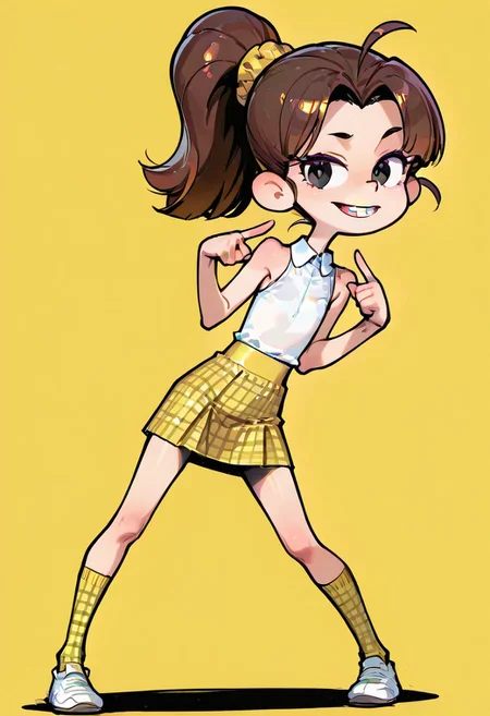 flat chest,
simple background,
full body,
Luan Loud, brown hair, ponytail, black eyes, yellow scrunchie, braces, buck teeth, long hair, parted bangs,
white shirt, collared shirt, sleeveless, yellow skirt, plaid skirt, yellow socks, plaid socks, socks over the knee,
sexy pose,
ONLY1girl, female, slim,
tight clothes, perfect hands, perfect detailed fingers, perfect detailed face,
<lora:Himehajime IL:1.0>,Himehajime, screenshot,
dynamic angle,