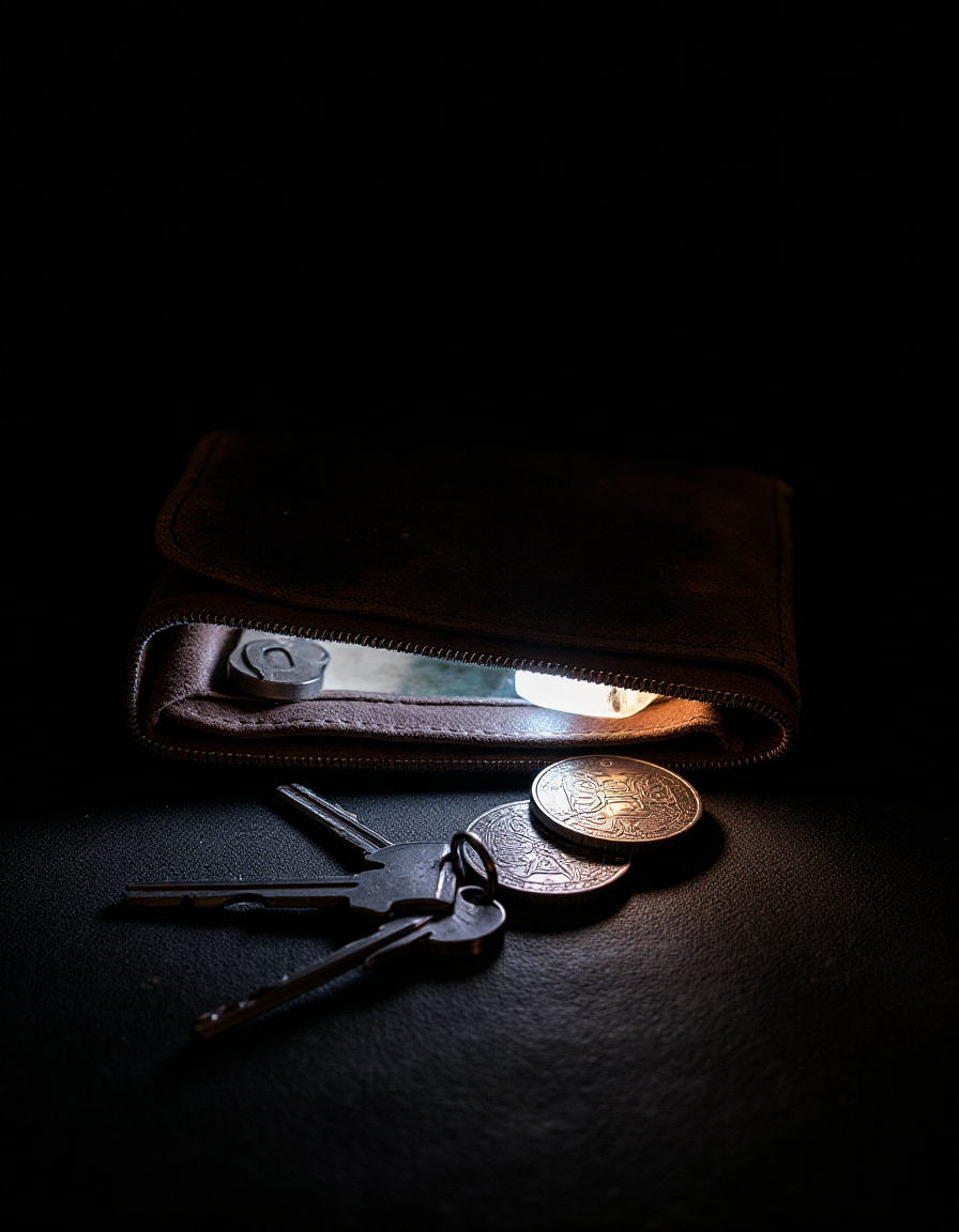 A photo of a worn leather wallet, with a set of keys and coins scattered across its surface. There is a strange LED glow coming from inside the wallet., <lora:amateurphoto-v5-14-15-1-1:0.4> <lora:Another_Amateur_Lora:0.4> <lora:Phlux:0.4> <lora:UltraRealistic_Lora_Project:0.4>