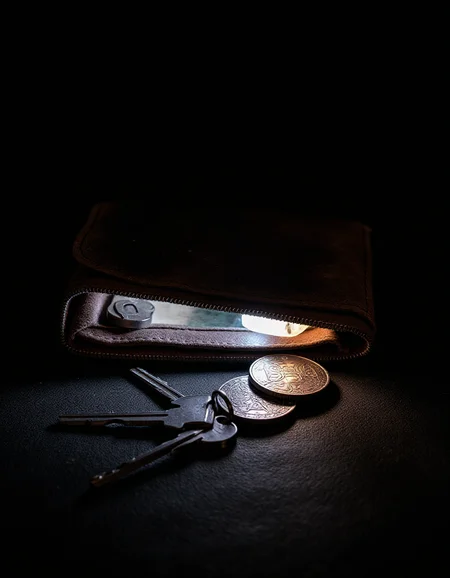 A photo of a worn leather wallet, with a set of keys and coins scattered across its surface. There is a strange LED glow coming from inside the wallet., <lora:amateurphoto-v5-14-15-1-1:0.4> <lora:Another_Amateur_Lora:0.4> <lora:Phlux:0.4> <lora:UltraRealistic_Lora_Project:0.4>