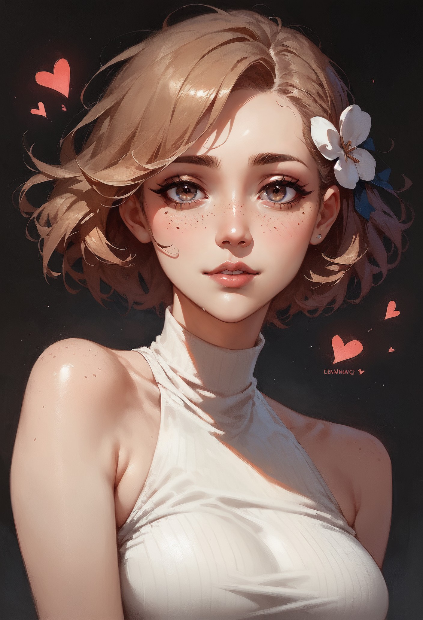 (score_9, score_8_up:1.1), score_7_up,  1girl, solo, expressive, hearts, dynamic, brown hair, short hair, brown eyes, pale skin girl, pale skin, freckles, turtleneck, bare shoulders, blush, white tulip hair ornament, looking_longingly, seductive, sexy_woman, black background  <lora:sdxl/Expressive_H-000001:0.8> <lora:sdxl/pony_twilight_style:0.8>
