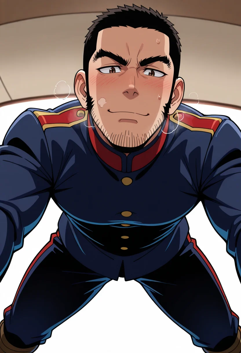 score_9, score_8_up, score_7_up, score_6_up, perfect anatomy, perfect proportions, best quality, masterpiece, high_resolution, high quality, highres, bara, 1boy, solo focus, solo, mature, masculine, manly, hunk, virile, handsome, charming, alluring, source_anime, anime coloringupper body, dutch angle, cowboy shot, BREAK Genjirou Tanigaki, GKGenjirou, black hair, short hair, buzzcut, dark brown eyes, thick eyebrows, long sideburns, facial hair, chinstrap stubble, jawline stubble, Imperial Japanese Army uniform 1886 version, dark blue tunic jacket, dark blue straight trousers, single red stripe pant, white puttees, brown boots, erotic, kinky, lewd, heavy breathing, steamy, nervous, seductive, on top of viewer focus, legs apart, leaning forward, expressive face, looking down at viewer, bend over, from below, dynamic angle, foreshortening, pov, atmospheric perspective, depth of field, newest, seductive_pose,