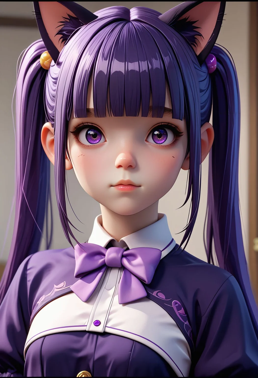 score_9,score_8_up,score_7_up, <lora:3d_render_pdxl_goofy:1>3d render,1girl, animal ears, black shrug, blunt bangs, bow, bowtie, cat ears, eyebrows hidden by hair, letterboxed, oekaki, portrait, purple bow, purple bowtie, purple eyes, shaded face, shrug (clothing), solo, triangle mouth, twintails