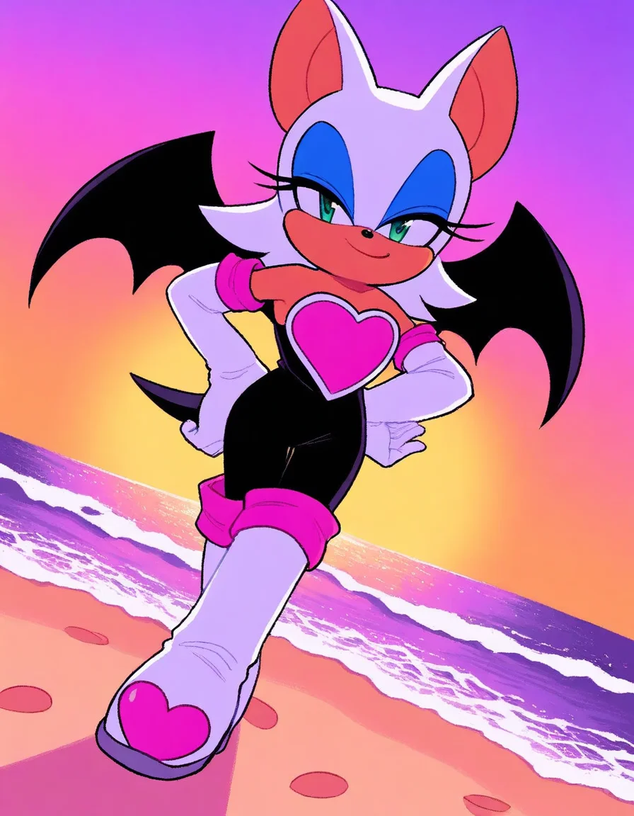 , <lora:rouge-the-bat-illustriousxl-lora-nochekaiser:1>, rouge, animal ears, bat ears, bat girl, bat tail, bat wings, eyeliner, furry, furry female, green eyes, makeup, tail, white hair, wings, eyeshadow,, bare shoulders, boots, elbow gloves, gloves, heart, knee boots, white footwear, white gloves,, beach, sunset, walking along shore, footprints in sand, waves, peaceful, , smug, hand on hips,, looking at viewer, solo,, dutch angle, cowboy shot