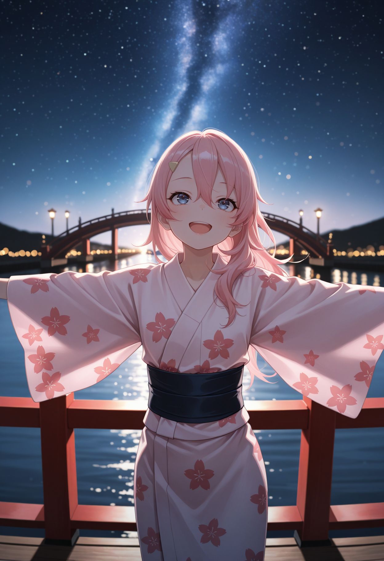 masterpiece,best quality,absurdres,highres,very aesthetic,high quality,detailed,insanely detailed,beautiful,perfect lighting, ,depth of field,blurry background,bokeh, looking at viewer
 <lora:Benisumomo  illu:1>  1girl, brown eyes,long hair, pink hair, hair ornament, hairclip, hair between eyes, japanese clothes, kimono, night sky, open mouth, blue eyes, star (sky), smile, floral print, outstretched arms, sash, outdoors, obi, yukata, bridge, looking up, starry sky, water, spread arms, hair ornament