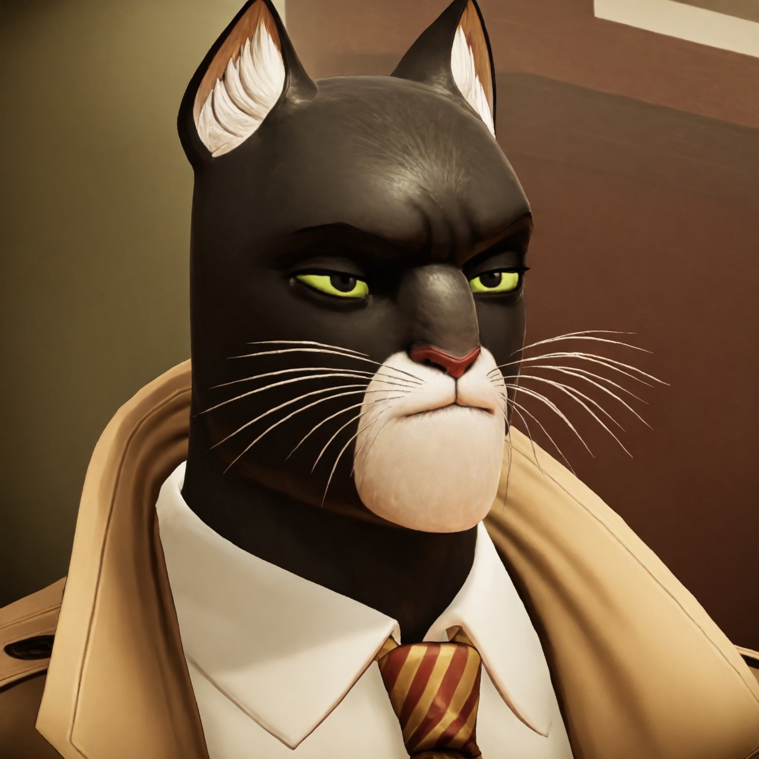 masterpiece, best quality, amazing quality, solo, Blacksad, whiskers, 1boy, furry, cat ears, black eyes, green sclera, tall, well-built, muscular, cat nose, black fur, white around mouth, older male, red-and-gold striped tie, trench coat, broad shoulders, white collared undershirt, green pants, black belt, black shoes, close up, portrait, face, shot, solo,
