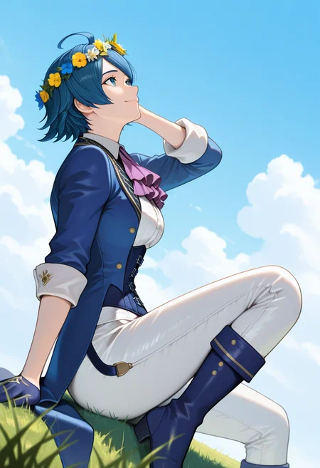 masterpiece, best quality, newest, absurdres, highres, <lora:ElisabethBKOFIllustrious:1>, LIBLXV, blue eyes, blue hair, short hair, blue coat, open coat, ahoge, blue corset, tailcoat, suspenders, white collared undershirt, ascot, gloves, sleeves rolled up, white pants, close up, sitting, from side, looking up, grass, bllue sky, clouds, head wreath, adjusting own hair, smile, looking up, blue boots, breasts, 1girl, solo,