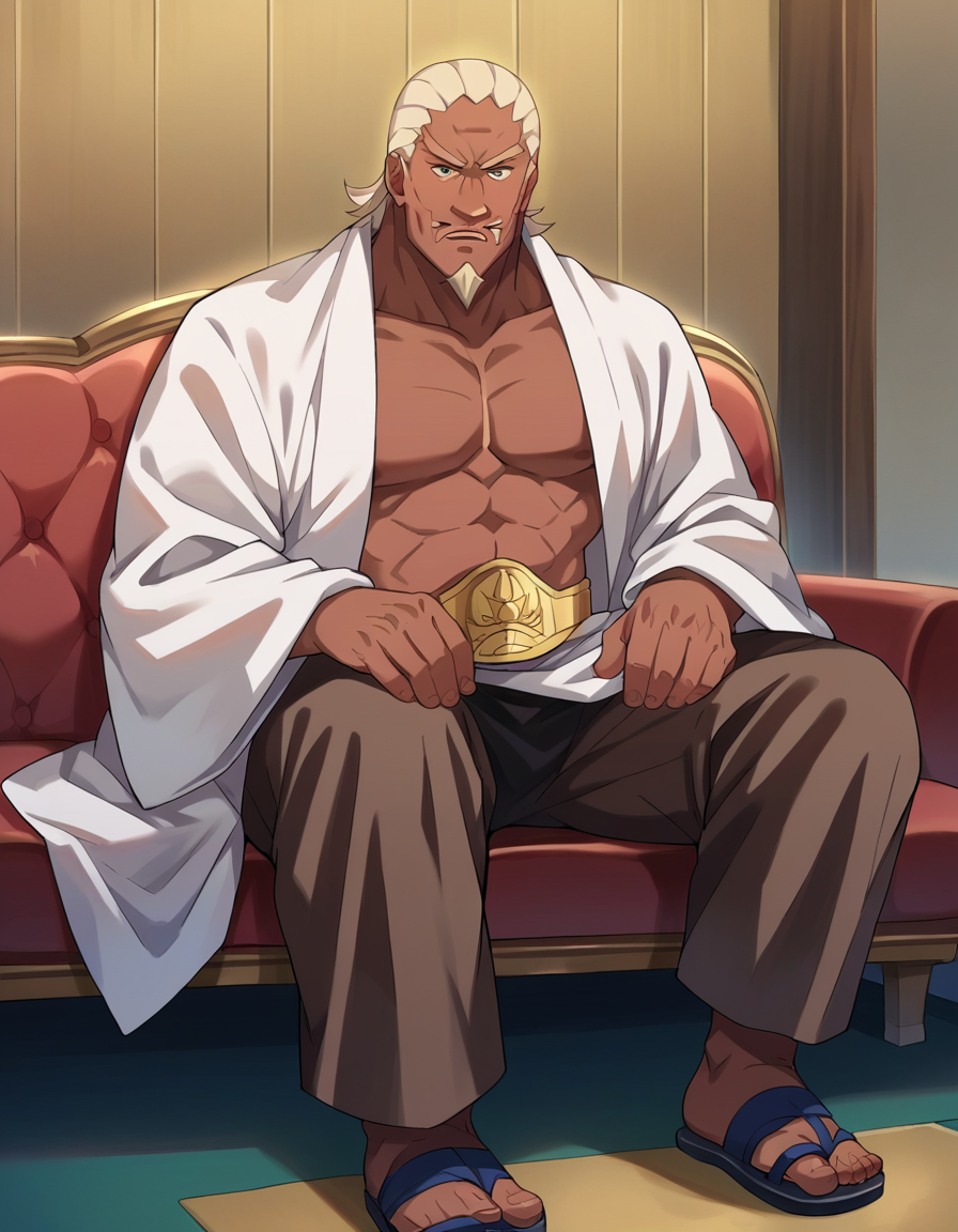 score_9, score_8_up, score_7_up, source_anime,
fourthraikage, <lora:fourth-raikage-ponyxl-lora-nochekaiser:1>
fourth raikage, male focus, dark skin, facial hair, dark-skinned male, beard, goatee,
hat, sandals, robe, white robe, pants, brown pants,
indoors, couch, sitting,
looking at viewer,