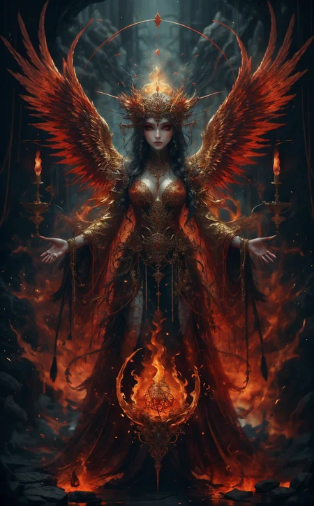 beautiful eyes, best quality, masterpiece, photorealistic, ultrarealistic, good exposure, <lora:BlindMask_v1:0.6> mask, fire mask
A mesmerizing and powerful Alchemist, masterfully playing with and commanding the element of Fire. She stands in a mystical, fiery setting, surrounded by glowing embers and sparks. Her elegant robes are adorned with intricate red and gold patterns that shimmer like flames, hugging her form and flowing gracefully with her movements. Her long hair, tinged with fiery hues, flows wildly as if caught in an eternal breeze.
Streams of fire arc and swirl around her, forming intricate, mesmerizing patterns and symbols. The flames dance and twist in shades of red, orange, and gold, casting a warm, radiant glow.
The scene is set in a dark, ancient chamber with stone walls covered in alchemical symbols and runes glowing faintly in the background. The floor is scattered with alchemical tools and mystical artifacts, reflecting the flickering firelight.
Her eyes burn with intensity and ancient wisdom, reflecting her deep connection to the element of fire. Her expression is one of focused joy and mastery as she effortlessly manipulates the flames.
In her hands, she holds a glowing alchemical symbol of fire, pulsating with energy. The symbol radiates power and light, enhancing the mystical atmosphere.
The air around her is charged with energy, filled with swirling sparks and embers that illuminate her enchanting presence. Shadows dance on the walls, creating a dynamic and magical ambiance.
The Alchemist's fierce and captivating presence, combined with her mastery of fire, creates an image of both beauty and power, capturing the essence of her fiery domain.
<lora:xuer Angel of the exotic wind_20240118013140:0.5> xuer Angel of the exotic wind
<lora:AddMoreDetails:0.6> burning hands
<lora:RPGArtistTools_v2:0.8> <lora:EdobHorrorLandscape_v1.0:0.4> <lora:AnzhcDreamwave v3_1 watermark fix:0.8>