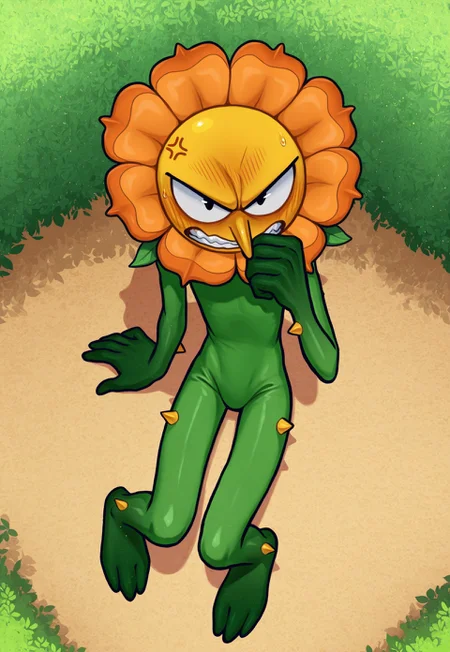 solo, male, plantform, plant boy, 1boy, CagneyCarnation, (orange petals:1.1), yellow face, pointy nose, pac-man eyes, detailed face, perfect eyes, black eyes, large head, round face, masterpiece, hires, absurdres, newest, perfect quality, best quality, ultra-detailed, detailed background, intricate details,
frown, teeth, (embarrassed:1.2), blush, narrowed eyes, half-closed eyes, looking up at viewer, looking at viewer, angry eyebrows, blush, tsundere, cartoonish anthropomorphic flower, orange bloom, green body, plant-like design, leafy hands, leafy feet, feet resemble leafy vines, (yellow thorns, body thorns:1.2), green stem-like body, (slim, skinny:1.1), narrow hips, full body, sitting, on ground, slouching, arm support, hand up, wiping mouth, no penis, cocked hip, sweatdrop, anger vein,
BREAK
outdoors, (garden:1.1), flower, bloom, dappled sunlight, high-angle view, from above, shadow, detailed shading, light particles, pollen,