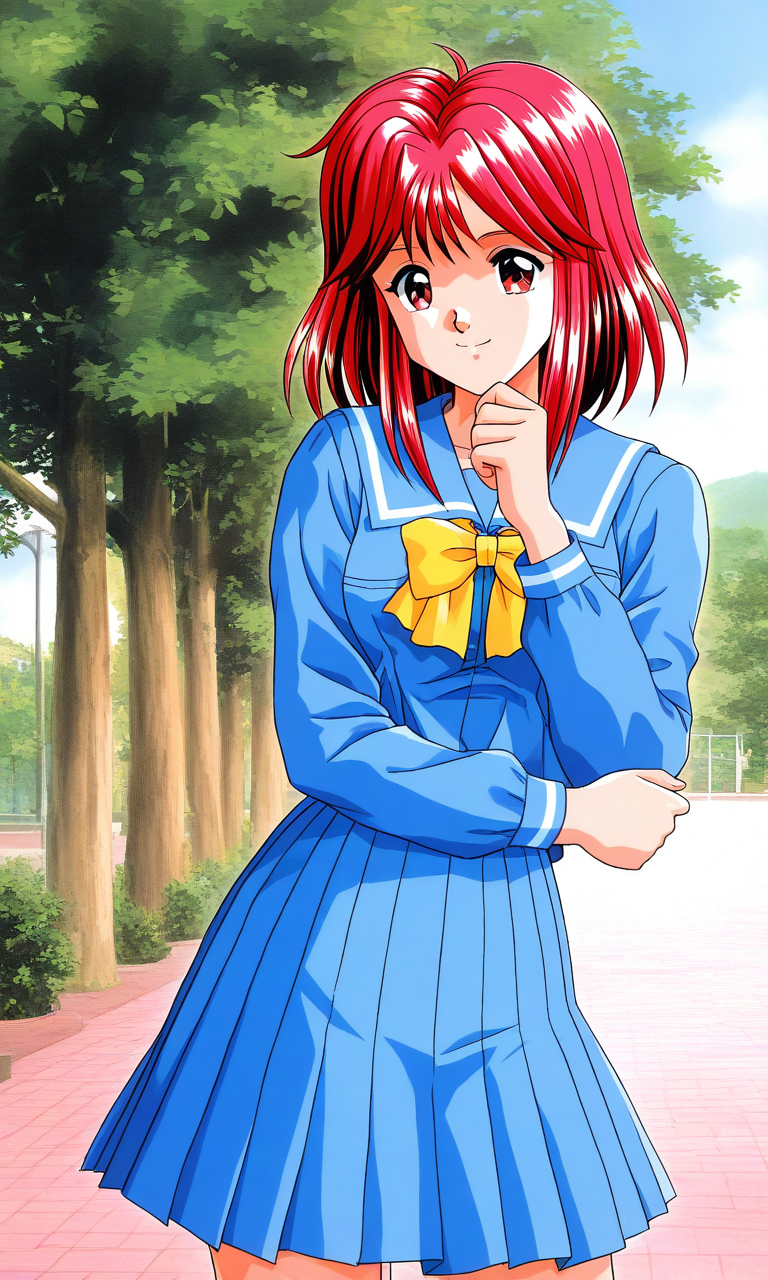 general,highres, ultra-detailed,very aesthetic,best quality ,best hands, BREAK <lora:Asahina_Yuko_Tokimeki_Memorial_IS:1>
Asahina_Yuko(Tokimeki_Memorial), 1girl, solo, red hair, medium hair, red eyes, bangs, sidelocks, breasts, 
school uniform, blue serafuku, blue skirt, Yellow bow, sailor collar, blue sailor collar, smile, long sleeves, pleated skirt, hand on own chin, 
outdoor, tree, sky,