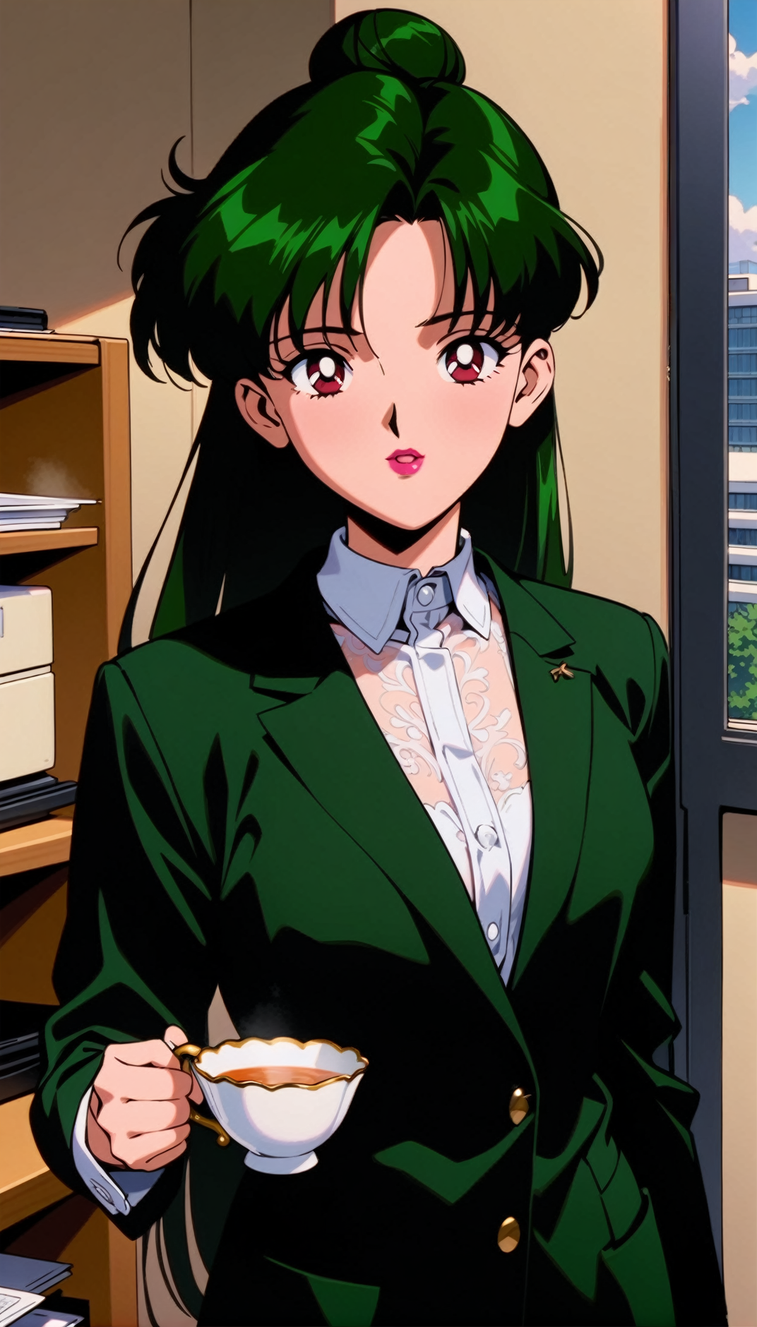 masterpiece,best quality,very aesthetic,ultra detailed,intricate details,<lora:Sailor Pluto XL:0.9>,1girl,solo,1990s \(style\),carmine eyes,lipstick,hair bun,single hair bun,long hair,dark green hair,white collar,office,holding cup,teacup,cowboy shot,