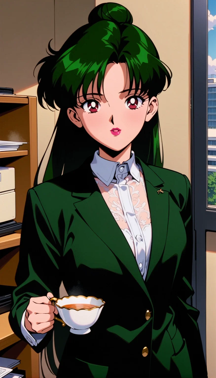 masterpiece,best quality,very aesthetic,ultra detailed,intricate details,<lora:Sailor Pluto XL:0.9>,1girl,solo,1990s \(style\),carmine eyes,lipstick,hair bun,single hair bun,long hair,dark green hair,white collar,office,holding cup,teacup,cowboy shot,