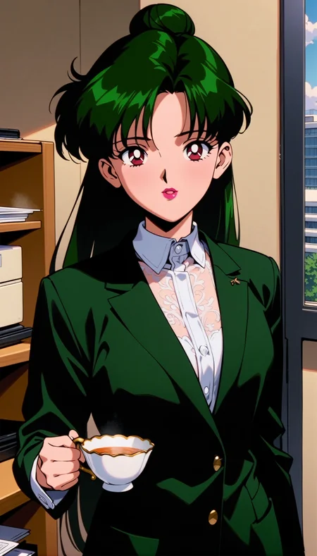 masterpiece,best quality,very aesthetic,ultra detailed,intricate details,<lora:Sailor Pluto XL:0.9>,1girl,solo,1990s \(style\),carmine eyes,lipstick,hair bun,single hair bun,long hair,dark green hair,white collar,office,holding cup,teacup,cowboy shot,