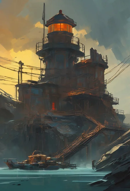 Warframe, Lighthouse redesigned with segmented armor panels, rotating beneath the stormy sky, emitting sensor beams over neon waves. Warframe-infused environment combines sci-fi elegance and unmatched creativity. Rusted mechanical aesthetics interweave with gritty dieselpunk fantasy. Hand-painted style exhibits intricate details amidst a chaotic post-apocalyptic world. Painterly strokes layer depth as the lighthouse stands against John Blanche and Ian McQue's vision. Deep visual storytelling unfolds in this highly stylized setting, trending on ArtStation. Rich dystopian color palette casts shadows across a hyper-layered landscape.