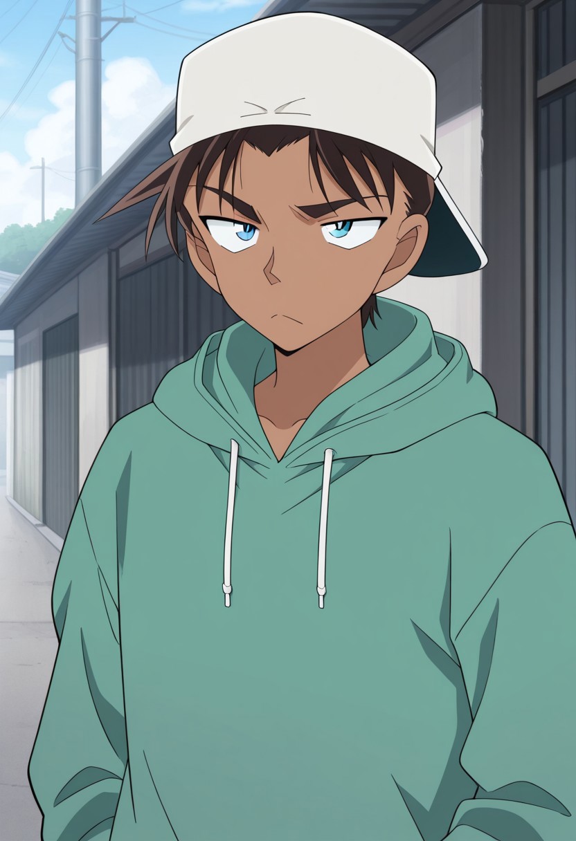 masterpiece,best quality,amazing quality, source_anime,
heijihattori, 1boy, male focus, solo, dark skin, dark-skinned male, blue eyes, brown hair, hat, baseball cap, white headwear, backwards hat, green hoodie, frown, outdoor,