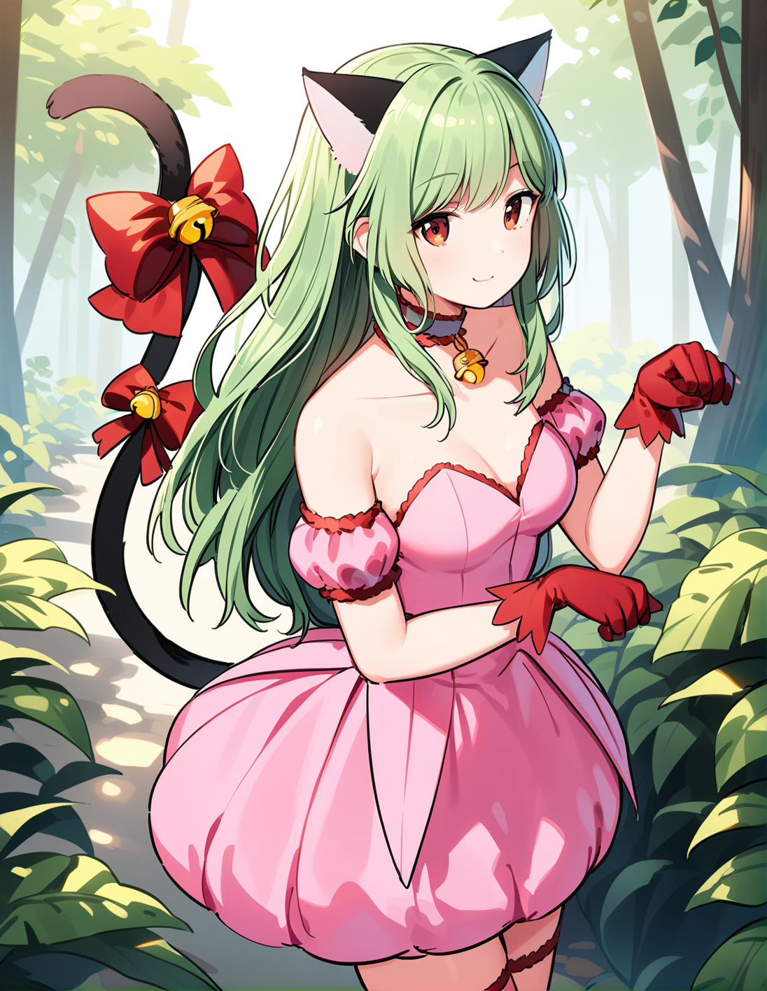 1girl, solo,  <lora:sdxl-lyco-mew_ichigo-cosplay-animagine_xl_3_1-AdamW8bit-v1-1-1:1:lbw=0,0,0,0,0,0,0,0,1,1,0,0,0,0,1,1,1,0,0,0,0,0,0,0,0,0>, mew_ichigo_cosplay, long hair, light green hair,  , , tail bow, gloves, cat tail, red gloves, tail bell, choker, detached sleeves,pink dress, strapless, relaxed posture, elbows extended, standing,  ,,smile, best quality, very aesthetic, ultra-detailed, intricate details, 4k,BREAK  in a misty forest