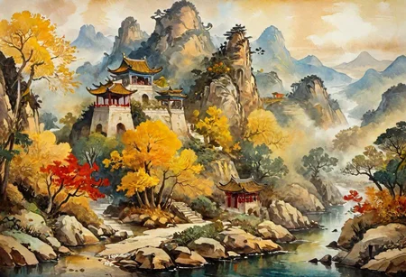 tj, cangyunshan, landscape, chinese ink painting, oil painting, 
Oil Painting, Renaissance Paintings, watercolor painting, concept art, painterly, surreal painting,
((beautiful, painterly, detailed, textural, artistic)), (digital artwork, illustrative, illustration), (((intricate details, highly detailed, ultra-detailed))), (absurdres:1.5), (unreal engine, octane rendering, Anti-Aliasing, sharp focus, natural lighting, high saturation, high contrast, vivid, vibrant, studio lighting, best texture quality), beautiful detailed scenery,