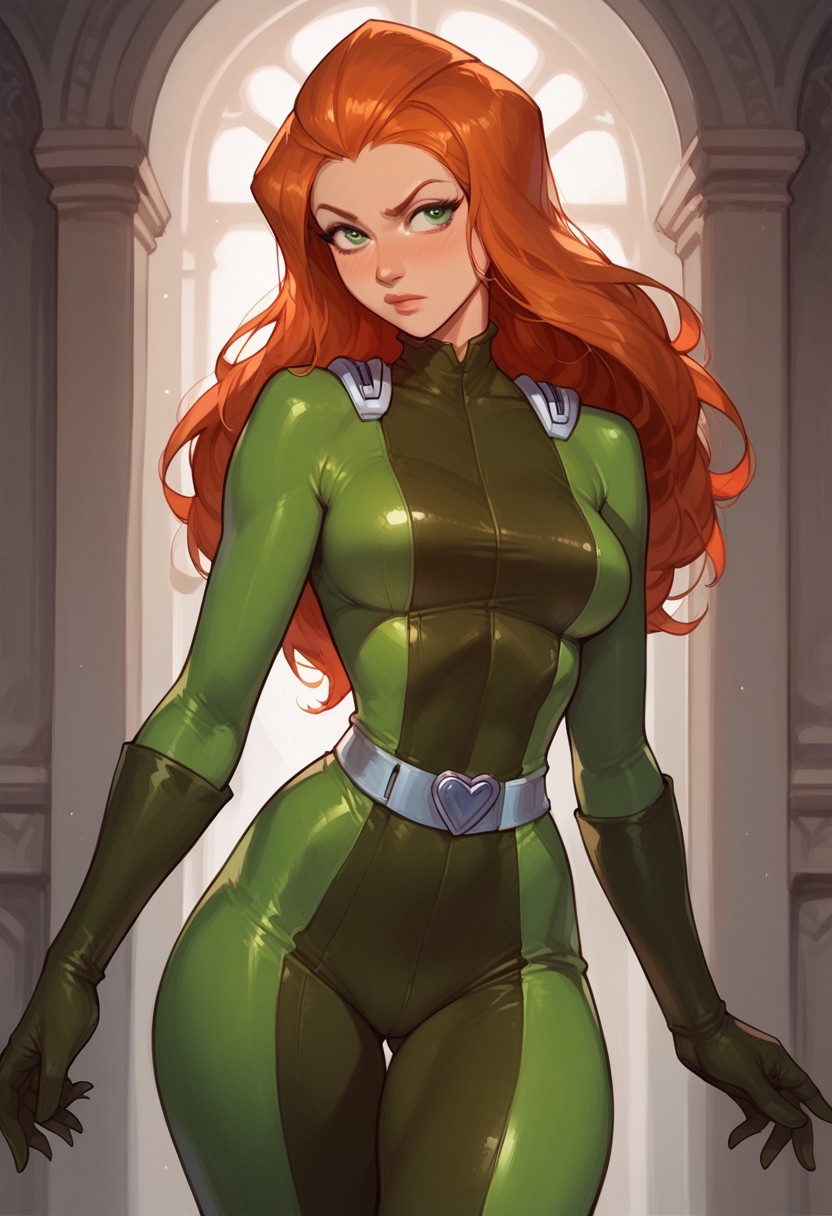 (score_9, score_8_up, score_7_up), 1girl, solo, sam \(totally spies\), orange hair, long hair, green eyes, tight clothing, hips, thighs, bodysuit, belt,