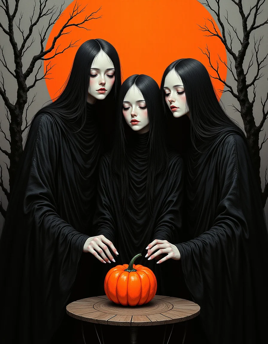 <lora:anime_martzv2:1> anime_martz, anime_source, paint of young Witches having a Halloween party. Death Gothic Maiden fashion. intricate, sharp_focus, concept_art, photorealistic painting. Gray tone is used as the base color, with bright orange as a color accent. Composition with originality. painted by Francis Bacon