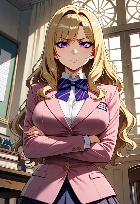 masterpiece, best quality, good quality, <lora:Shindou_Reiko_IS:1>ShindouReiko, blonde hair, long hair, wavy hair, purple eyes, large breasts,
school uniform, 1girl, crossed arms, indoors, solo focus, bow, chair, jacket, window, blazer, long sleeves, book, frown, bowtie
pink blazer, jacket, standing, from below,