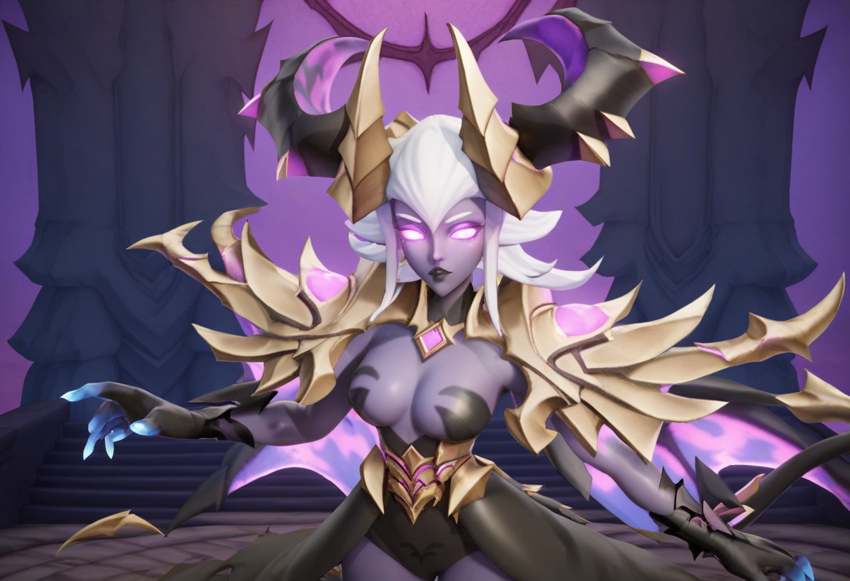 score_9, score_8_up, score_7_up, score_6_up, score_5_up, score_4_up, rating_safe, Lilith, 1girl, white hair, sidelocks, long hair, purple eyes, glowing eyes, horns, colored skin, purple skin, black lips, breasts, shoulder armor, tail, wings, Expressiveh, digital art