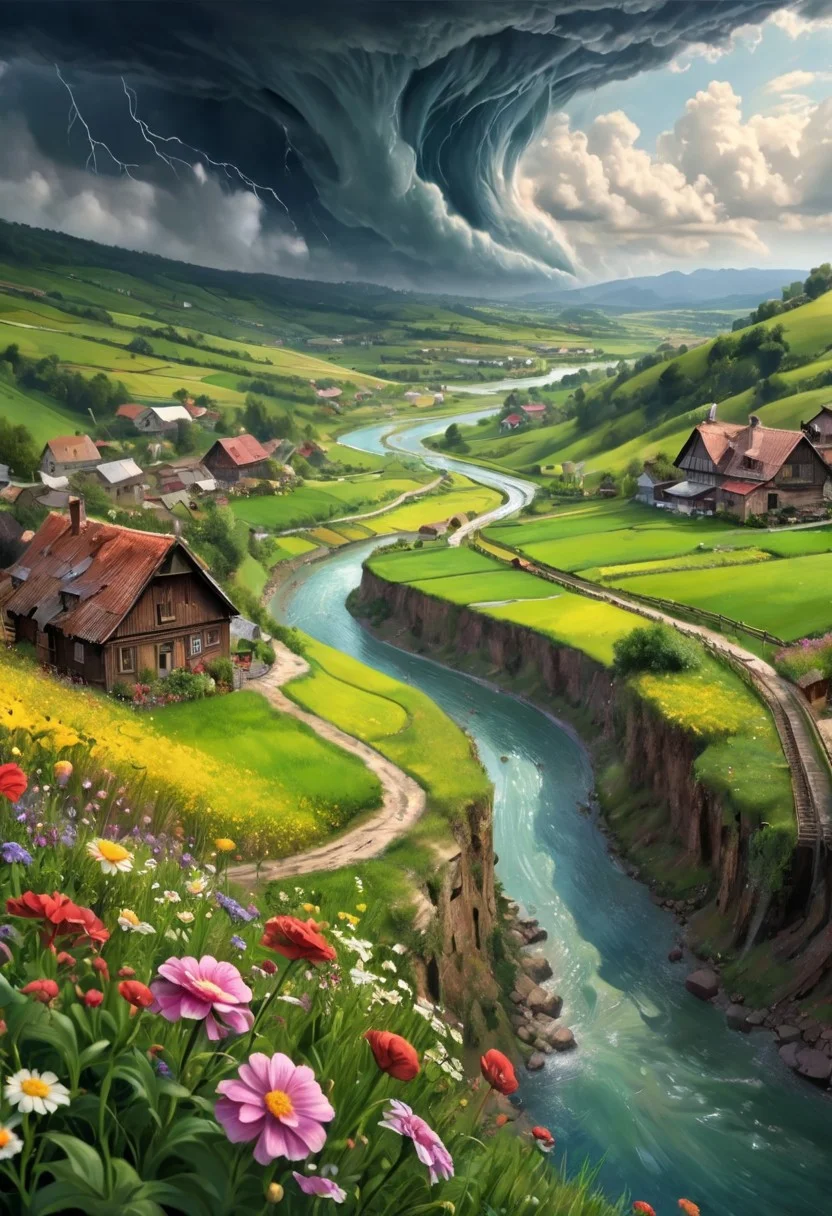 oil matte art, calm relaxing scenery, river, beautiful digital art, DarkFantasy, panoramic view, rain, wet, small village on the mountain cliff, detailed rocy cliffs, fisheye lense, flower field, crystal clear, huge tornado in the background, bokeh, OverallDetail, depth of field, detailed art, expressionism,
extremely detailed, UHD,(long exposure )