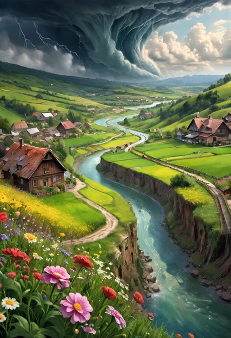 oil matte art, calm relaxing scenery, river, beautiful digital art, DarkFantasy, panoramic view, rain, wet, small village on the mountain cliff, detailed rocy cliffs, fisheye lense, flower field, crystal clear, huge tornado in the background, bokeh, OverallDetail, depth of field, detailed art, expressionism,
extremely detailed, UHD,(long exposure )