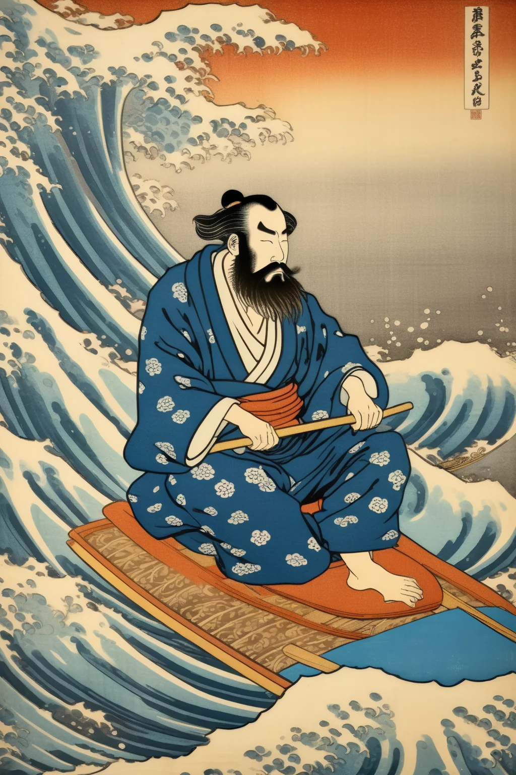 <lora:Ukiyo-e Art:1>Ukiyo-e Art - bearded man surfing woodblock print style of hokusai fine art style of kanagawa painting /relax