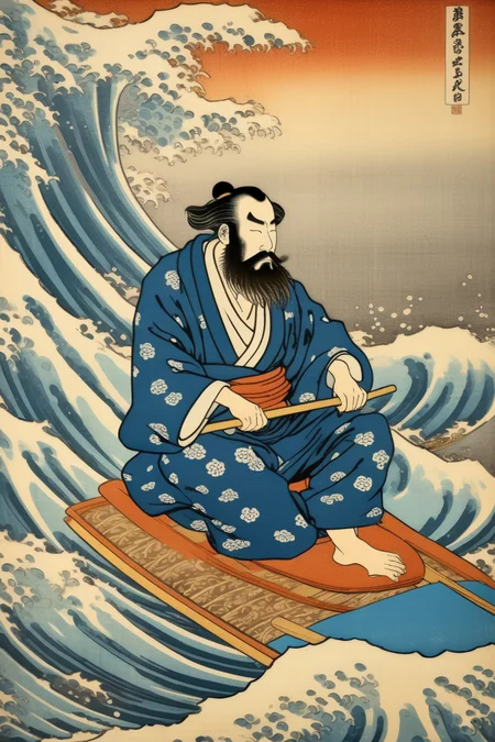 <lora:Ukiyo-e Art:1>Ukiyo-e Art - bearded man surfing woodblock print style of hokusai fine art style of kanagawa painting /relax