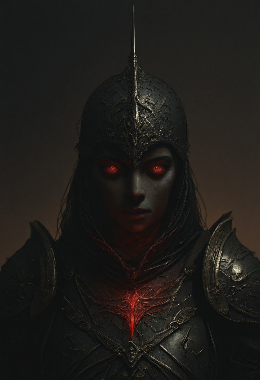 dmsty, masterpiece, best quality, amazing quality, absurdres, newest, ultra-detailed, close-up, upper body portrait, female knight, dark fantasy armor, eerie atmosphere, imposing pauldrons, gothic aesthetic, high contrast, dramatic lighting, deep shadows, battle-worn metal, intricate engravings, mysterious expression, glowing red eyes, cinematic composition, dark environment, moody background