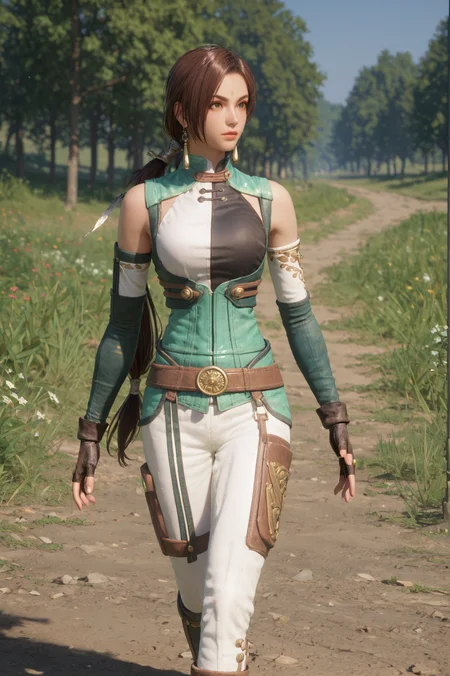 score_9, score_8_up, score_7_up, cowboy shot, Walking with arms swinging in rhythm, <lora:Yueying_Dynasty_Warriors:0.7> 1girl, solo, green eyes, brown hair, long hair, ponytail, earrings, jewelry, fingerless gloves, looking at viewer, outdoors