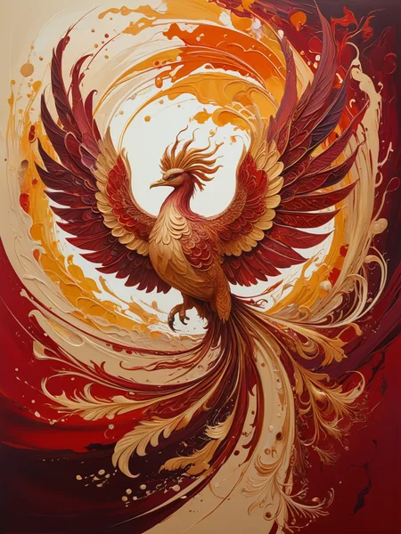 A mesmerizing abstract painting, dominated by intense burgundy red hues, swirling with intricate patterns and a golden phoenix rising gracefully. The phoenix, with its fiery gold and beige tones, soars above the sea of burgundy, symbolizing the aspiration for success and harmony. The composition exudes a strong sense of passion, ambition, and the desire for balance between one's deepest obsessions and the pursuit of comfort. The vivid colors and dynamic movement create a captivating visual experience that speaks to the viewer's soul.