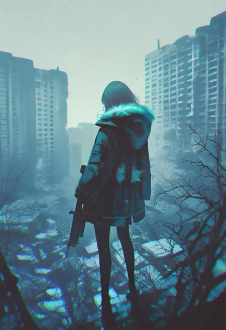 1girl, ruins, solo, chromatic aberration, building, from behind, fur trim, outdoors, standing, post-apocalypse, jacket, holding, overgrown, rubble, coat, gun, facing away, pantyhose, hood, hood down, city, long sleeves, weapon, blue theme, holding gun <lora:748cmXL_il_lokr_V5311P:0.95>