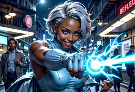 masterpiece, best quality, very aesthetic, absurdres, safe, glowing skin make up, closed mouth smile, light blue futuristic battle suit that covers her skin but accentuates her figure, Tall, water mage, light grey hair cut short, standing (((outside at a night))), regal demeanor, glowing blue eyes, dark brown skin, 35 year old tall Black woman, 1woman, cute, in this image she is (((aiming an attack at a viewer))), the viewer is looking directly at the subject as she strikes him with an attack that appears to be water based, subject is smiling with a slightly naughty expression, fists, glowing, energy,mythp0rt