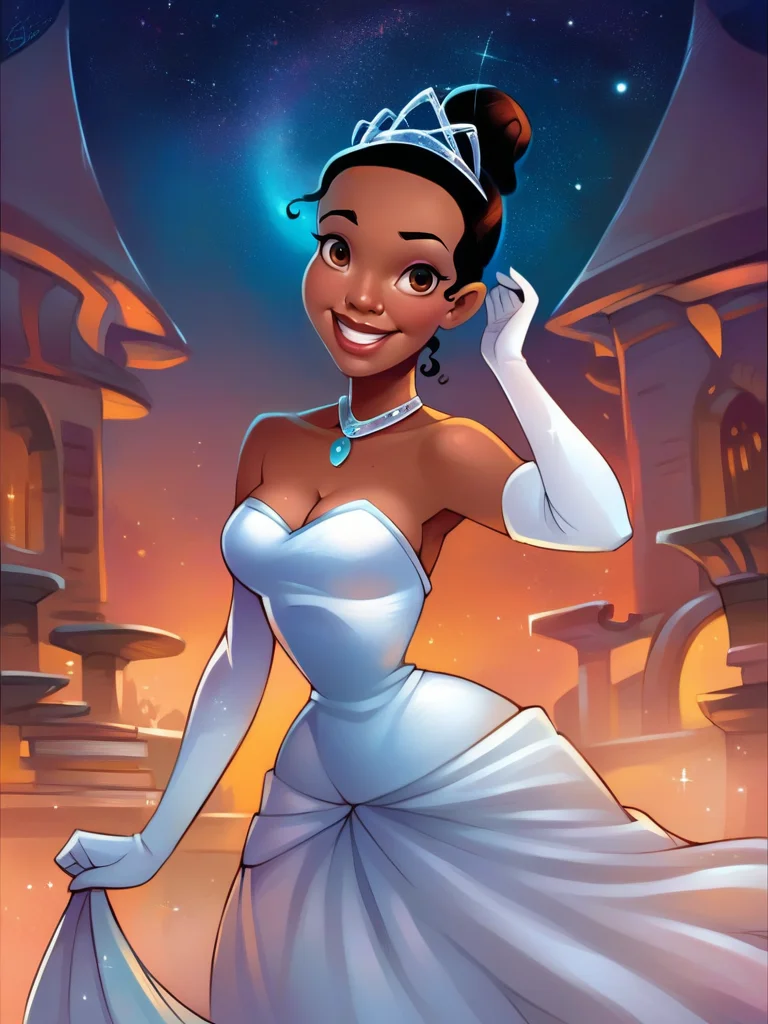 score_9, score_8_up, score_7_up, score_6_up, 1girl, hair bun, dark-skinned female, castle, strapless dress, white dress, long skirt, princess, necklace, elbow gloves, tiara, cleavage, curvy, medium breasts, narrow waist, wide hips, thick thighs, looking at viewer, dynamic angle, cowboy shot, dynamic pose, smile, cute, wide shot, realistic, cartoon, sexually suggestive, night, lamppost, star \(sky\),
<lora:TianaXLP_character:1>TianaXLP