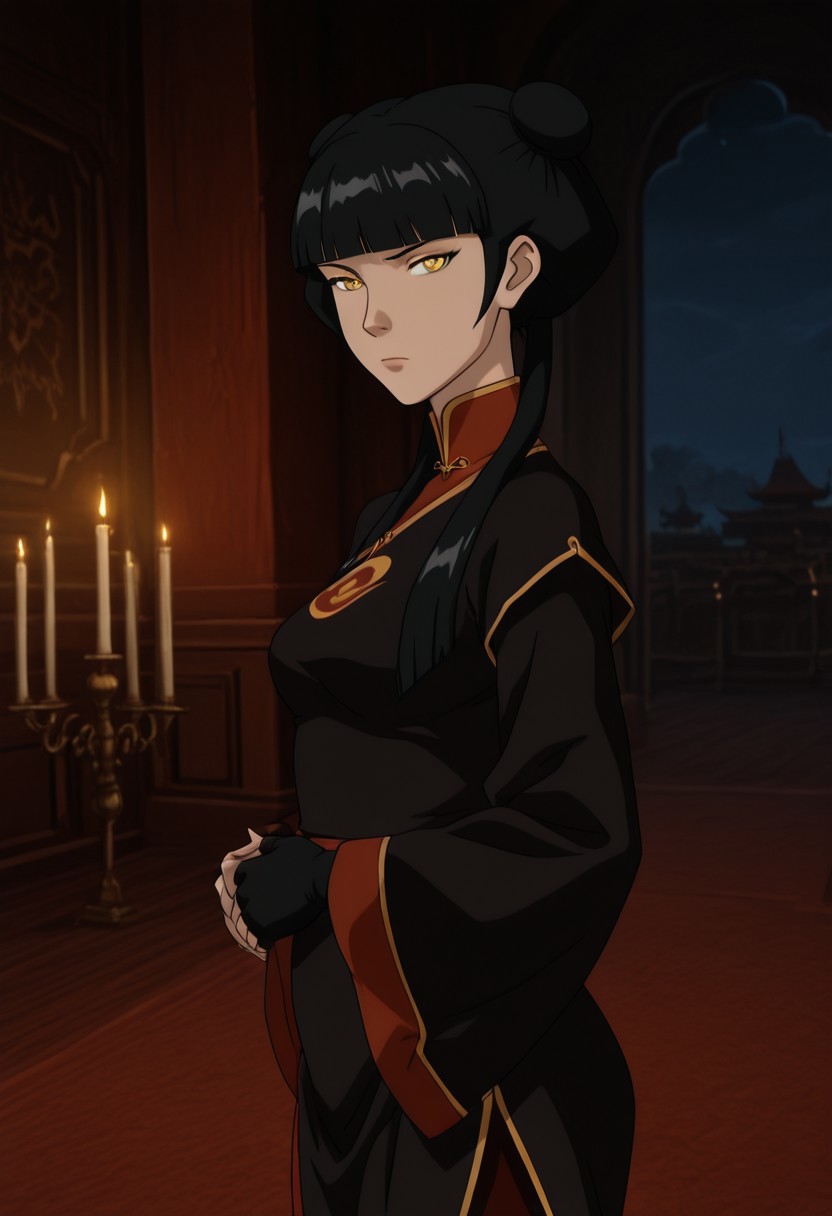 Mai_Avatar, black hair, long hair, blunt bangs, double hair bun, twintails, sidelocks, yellow eyes, detailed eyes, eye detail, detailed background
cowboy shot, 1girl, solo
Screen_capture, Source_cartoon
In the Avatar Animation style, character focus, (candlelight), candle, night, Palace, incide, (bedroom), standing, chinese clothes, black gloves, fingerless gloves, turtleneck, wide sleeves, black dress with red details , Regal pose, medium breasts, wide hips, hands together, (side view), looking at viewer,