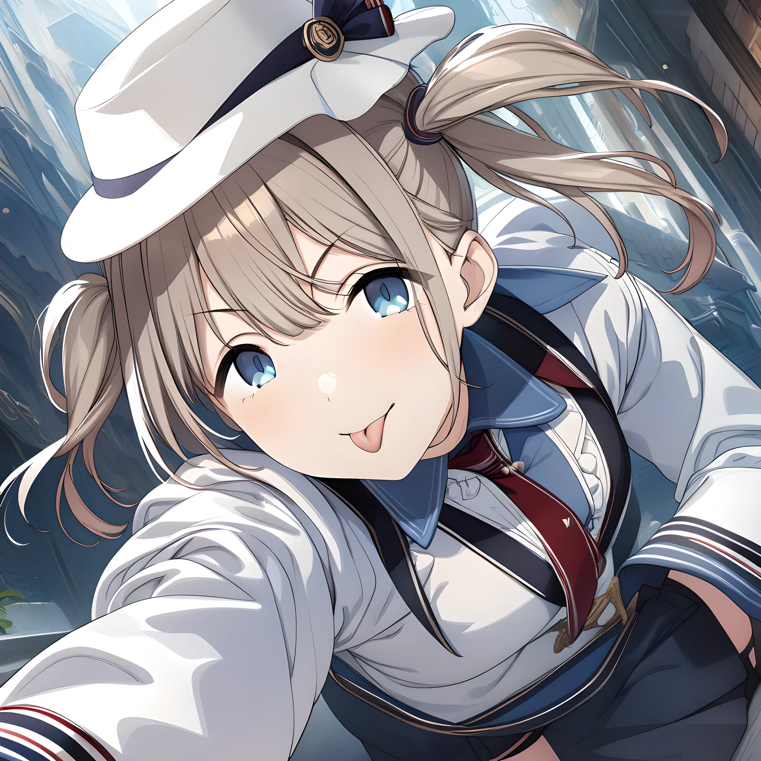 (masterpiece),(best quality),(ultra-detailed),(best illustration),(best shadow),(absurdres),(detailed background),(very aesthetic),asahi serizawa, tongue out, tongue, hat, blue eyes, gloves, white gloves, twintails, looking at viewer, long sleeves, 1girl<lora:asahiserizawa:1>