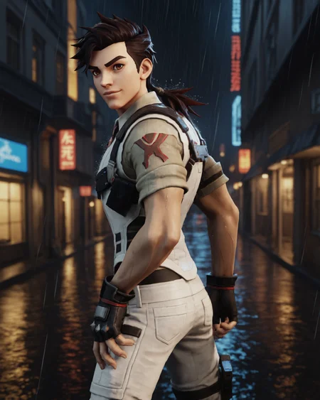 score_9, score_8_up, score_7_up, rating_questionable, intricately detailed, science fiction setting,
<lora:homri52:1>,
<lora:Paxton_Pryce_Fortnite:0.8>,
1boy(paxt0npryc3, paxb0ttom, white pants, paxt0p, cowboy shot, standing, looking at the viewer, solo, friendly, slight smile, looking at the viewer),
side view,
rain, wet street, wet, futuristic city, futuristic buildings, high rises, on a road, at night, darkness, rainfall, dark theme, depth of field, detailed background,
<lora:ral-chrosc-clr:0.5>, ral-chrosc-clr,
<lora:Expressive_H:0.5>, expessiveH,
<lora:xl_more_art-full_v1:0.3>,
<lora:add-detail-xl:0.3>