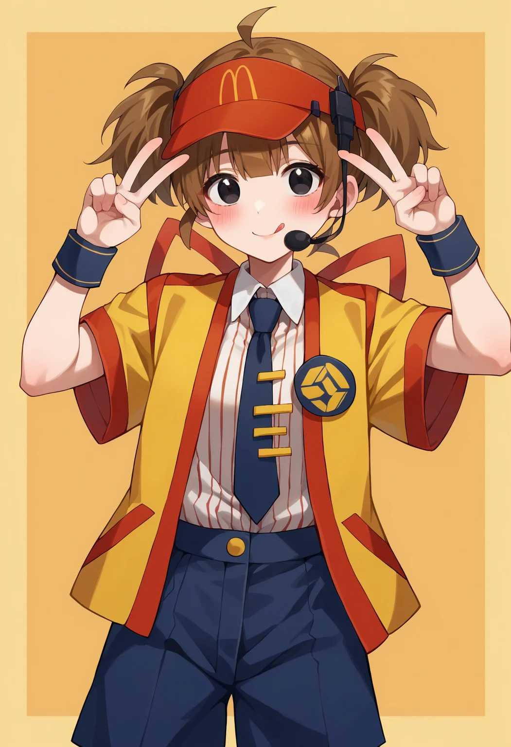 score_9, score_7_up, hd, (ultra hd quality details), source_anime,
1girl, solo, dctabemi, brown hair, short twintails, ahoge, black eyes,
visor cap, headset, jacket, open jacket, short sleeves, necktie, white shirt, striped shirt, collared shirt, blue shorts, wristband,
looking at viewer, blush, smile, tongue out,
standing, hands up, double v,
 <lora:_dabuchi_tabemi-elesico-pony-000009:1>
