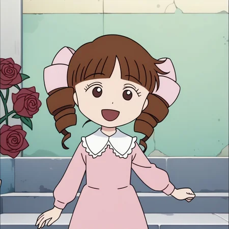 score_9, score_8_up, score_7_up BREAK HimekoJ, 1girl, brown hair, hair drills, blunt bangs, brown dot eyes, light pink ribbons, white-collared long-sleeved light pink dress, white socks, white mary-jane shoes, screenshot, official art, parody, anime footage, official design, screencap, anime screenshot, official screenshot, 2d, anime, source_anime, happy, cowboy shot, solo, solo focus, roses pattern background, roses pattern,