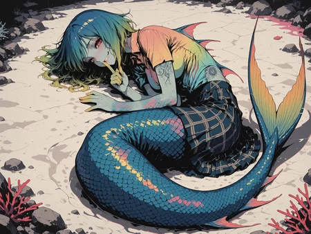 masterpiece,best quality,amazing quality, (solo:1.6), anime, anime style, anime screencap, rating:safe, 
1girl, red eyes, smiling, yellow hair, blue hair, green hair, multicolored hair, gradient hair, mermaid, colorful skin, multicolored skin, magical skin, tattoo, fish girl, gills, iridescent scales, full body, tail fin,fins, pubic hair, medium breasts, from above, from side, 
colorful shirt, collared shirt, skirt, plaid skirt, feathered skirt, on side, laying on side, shushing, 
  <lora:Mermaid:0.4> <lora:NOOB_vp1_detailer_by_volnovik_v1:1> <lora:Sinozick_style:0.3> Sinozick_illu,gradient,spot color <lora:ck-shadow-circuit-IL:0.5> in the style of cksc <lora:ponyv6_noobV1_2_adamW:0.8> <lora:MIAOMIAO_A2:0.2> miaomiao_liulifa, <lora:- iLL - the_edgy_mech_V3.0:0.4> <lora:Anime_Screencap:0.3> <lora:XXX477:0.3> xxx667_illu, glowing, glitch