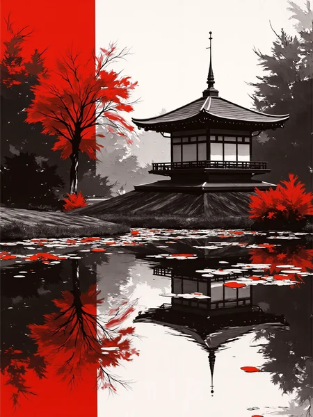mad-mdrnmnmlsm painting of temple next to a pond in a japanese garden<lora:modern-minimalism-flux:1.2> brush_stroke, light red