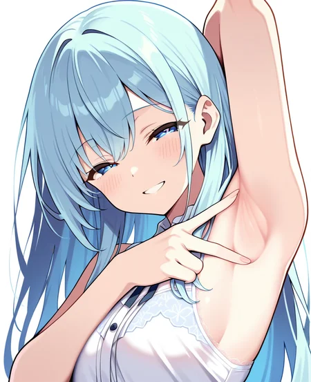 (masterpiece), (best quality), absurdres, intricate details, highres, 1girl, smile, looking looking at viewer, half-closed eyes, arm behind head, armpits, <lora:Spread_Armpit_ILLUS-000011:0.9> , v, spread armpit, presenting armpit,