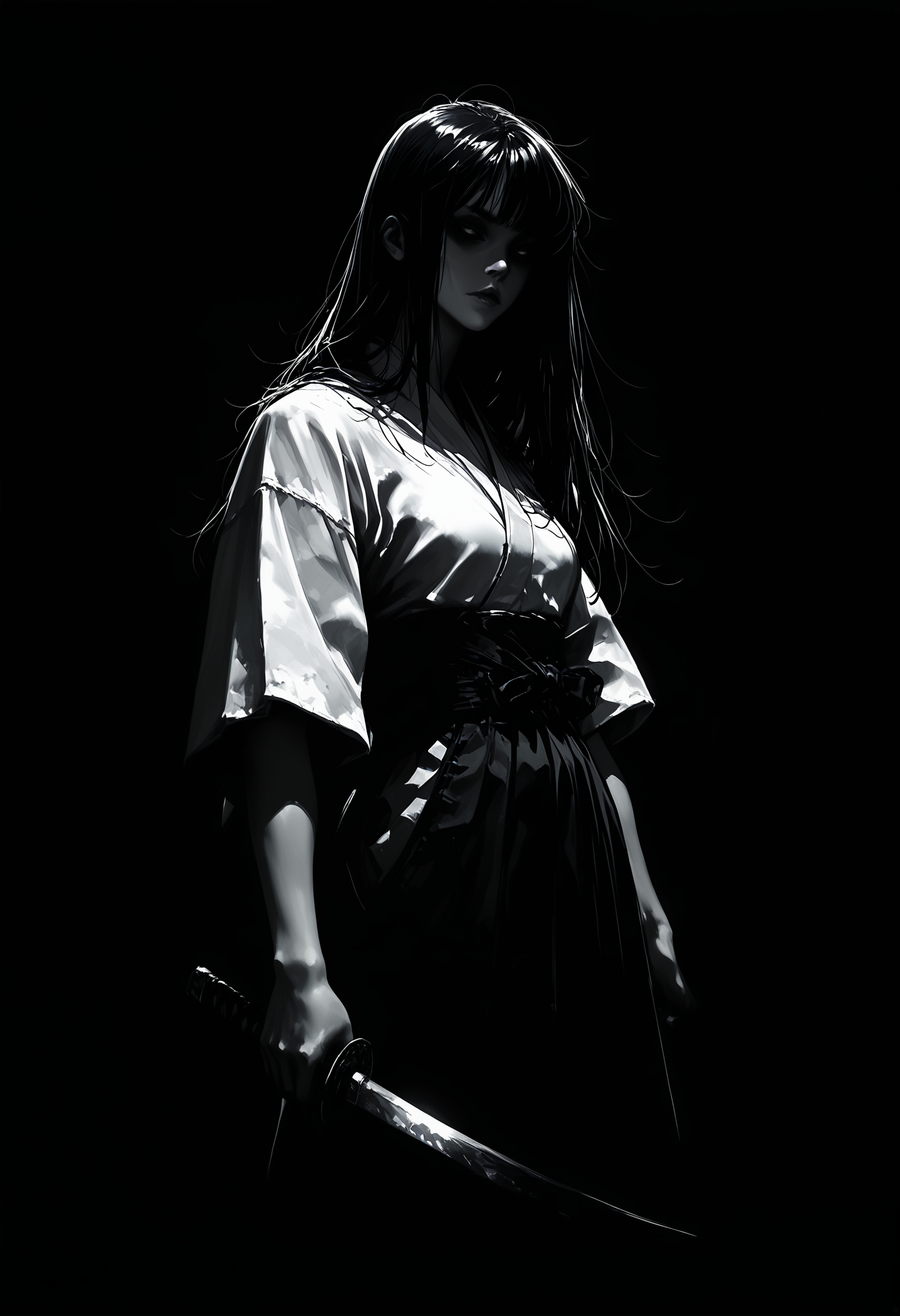 masterpiece, best quality, good quality, very awa, very aesthetic, absurdres, newest, 1girl, solo, long_hair, simple_background, skirt, holding, monochrome, weapon, greyscale, japanese_clothes, sword, kimono, holding_weapon, holding_sword, black_background, katana, shaded_face, hakama, hakama_skirt, sleeves_rolled_up, dark, 748cmstyle,usnr,retro