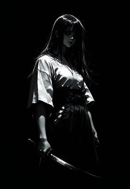 masterpiece, best quality, good quality, very awa, very aesthetic, absurdres, newest, 1girl, solo, long_hair, simple_background, skirt, holding, monochrome, weapon, greyscale, japanese_clothes, sword, kimono, holding_weapon, holding_sword, black_background, katana, shaded_face, hakama, hakama_skirt, sleeves_rolled_up, dark, 748cmstyle,usnr,retro
