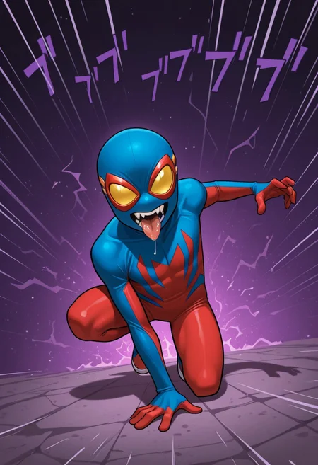 1boy, male focus, cute boy, BaileyBriggs, Mask, Yellow Eyes, Spiderboy Costume, Two-tone Bodysuit, Red Bodysuit, Blue Bodysuit, fangs, tongue, saliva, menacing, cinematic, intricately detailed illustration, depth of field, masterpiece, best quality, amazing quality, very aesthetic, absurdres, newest, very awa, shadow, dynamic angle, casual cosplay, dynamic pose,  action pose,