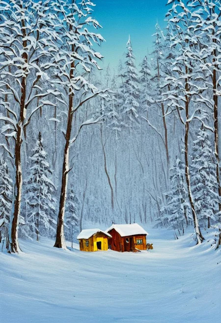 cabin in the woods, autumn leaves, vivid color, painting by bob ross <lora:bob_ross_style_10:1>, snow white and the seven minions MinionStyle