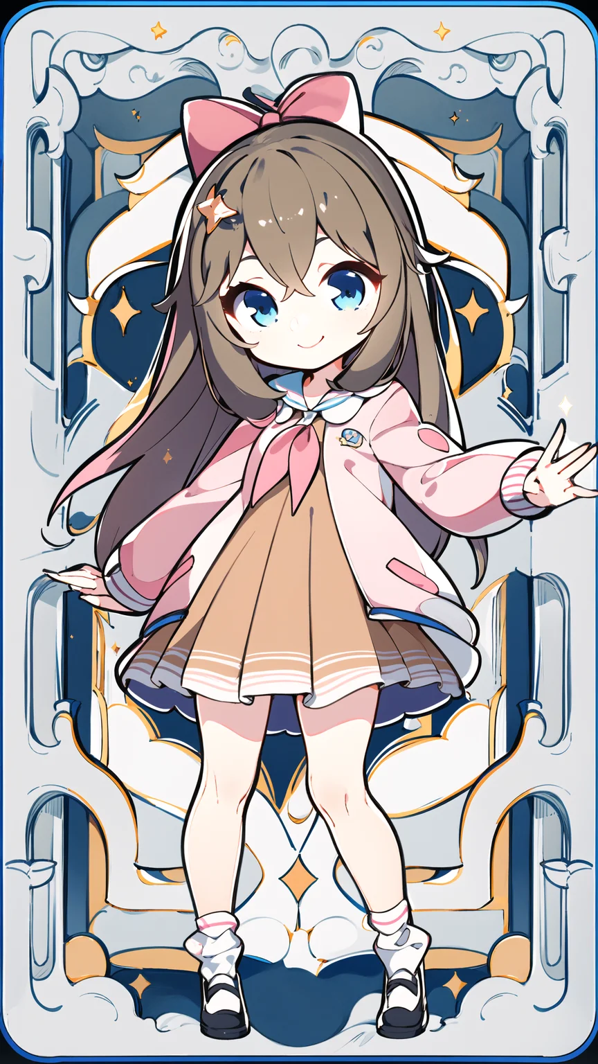 masterpiece, best quality, 1girl, solo, <lora:jiaranV23:1>, jiaran, official dress, pink hair bow, brown hair, long hair, blue eyes, pink and white jacket, neckerchief, white socks, light smile, looking at viewer, full body, brown skirt, long sleeves, dynamic pose, closed mouth, <lora:yuzusoft-chibiV2:0.6>, chibi, <lora:animetarotV2:0.6>, pink background,